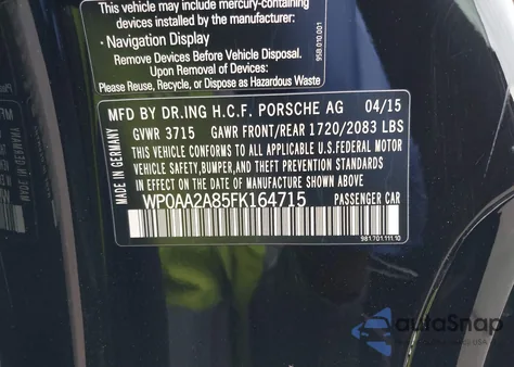 2015 Porsche Cayman from USA, damaged, VIN WP0AA2A85FK164715